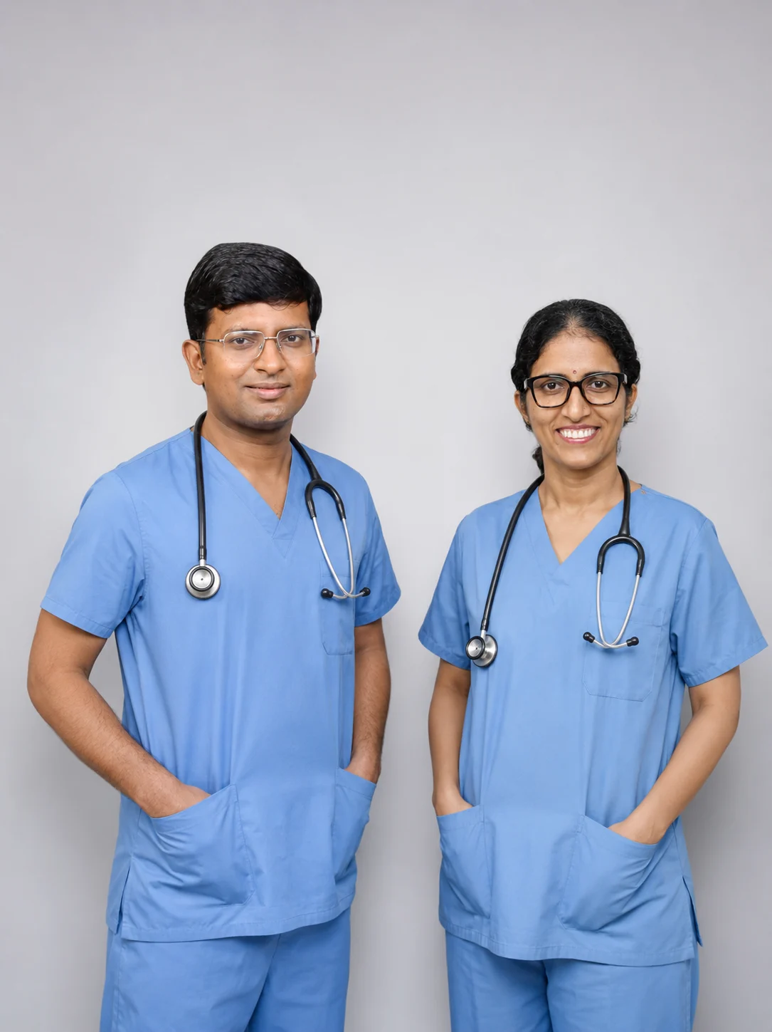 Dr. Ajay Kumar and Dr. Sangeetha K together in surgical scrubs at OncoVie